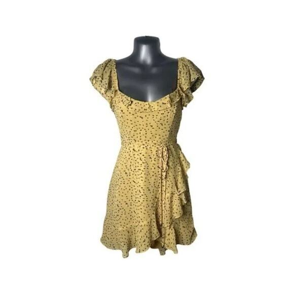 Here Comes The Sun Yellow & Brown Polka Dot Ruffled Mini Dress Size Small - Picture 1 of 10